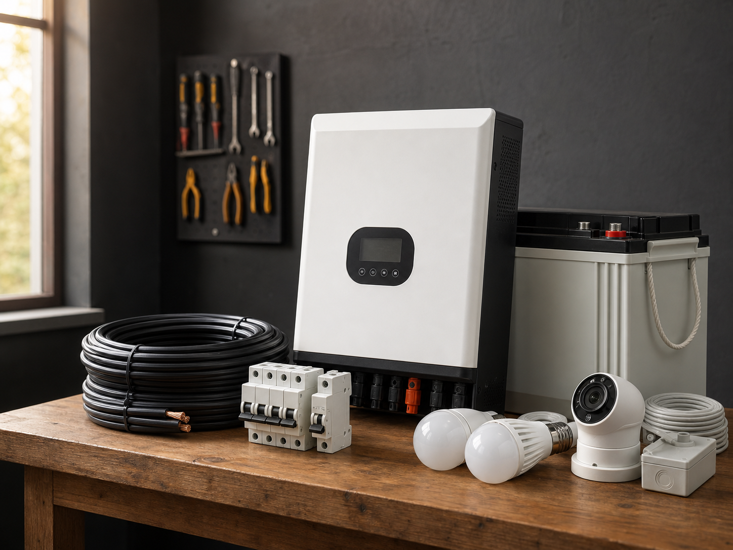 Solar and security equipment arranged on a workshop counter